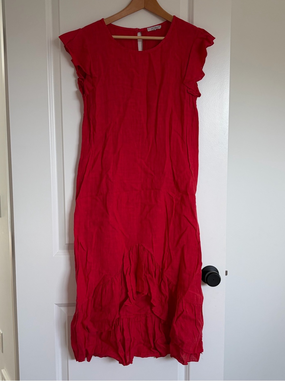 Women's 100% Italian Linen Bright Red Ruffle-Sleeve Midi hi-low Dress